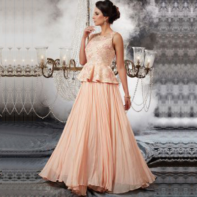Peach Sequins Embroidered Georgette Indowestern Gown